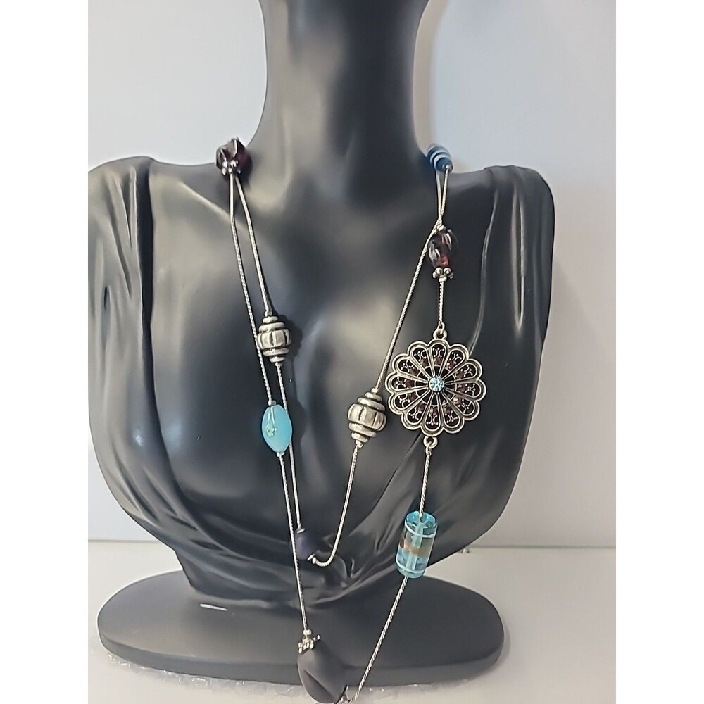 Vintage Boho Long Beaded Necklace Mixed Glass Beads Filigree Flower Charm‎